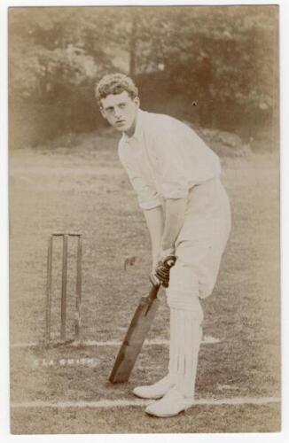 Charles Lawrence Arthur Smith. Sussex 1898-1911. Sepia real photograph postcard of Smith in batting pose at the wicket c.1904. Blind embossed stamp for Foster of Brighton to lower right corner. Very minor creasing, otherwise in very good condition - crick