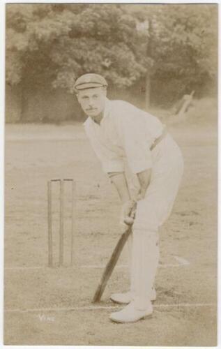 Joseph 'Joe' Vine. Sussex & England 1896-1922. Sepia real photograph postcard of Vine in batting pose at the crease. c.1907. Foster of Brighton. Slight fading to the photograph, otherwise in very good condition - cricket