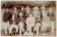 'Sussex XI' c.1905. Sepia real photograph postcard of the Sussex team seated and standing in rows wearing cricket attire and assorted blazers and headgear. To the centre is the captain, C.B. Fry. Blind embossed stamp for Foster of Brighton to lower right 