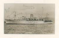 M.C.C. tour to Australia 1958/59. Mono real photograph postcard of the 'P&O Iberia' on which the touring party travelled to Australia. Signed in ink to the photograph by seventeen members of the touring party including the manager, F.R. Brown. Players sig