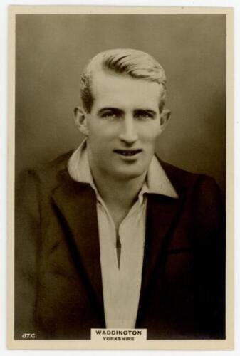 Abraham 'Abe' Waddington. Yorkshire & England 1919-1927. Godfrey Phillips 'Pinnace' premium issue cabinet size mono real photograph trade card of Waddington, head and shoulders wearing cricket attire and blazer. No. 87.C. 4"x6". VG - cricket