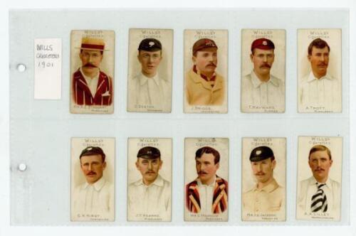 W.D. & H.O. Wills. 'Cricketers' 1901. Full mixed set of fifty numbered cigarette cards plus seven odds featuring colour player head and shoulder portraits. Nos. 1-25 in the series were issued with fronts in two formats, with and without vignette backgroun