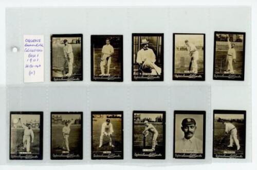 Ogden's Guinea Gold Cigarettes. 'Cricketers Base I Small Machette Group' 1901. Full set of eleven unnumbered cards of R. Abel, C.B. Fry, Lord Harris, Lord Hawke, J.T. Hearne, G. Hirst, D. Hunter, G.L. Jessop, K.S. Ranjitsinghi, A. Shrewsbury and S.M.J. Wo