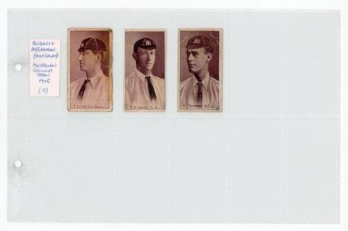 Sniders & Abrahams (Australia). 'Australian Cricket Team' 1905. Three cards from the series of fifteen unnumbered cards of Australian cricketers. Players are F. Laver, D.R. Gehrs and V. Trumper. Wear and staining to the Laver, surface marks to the Trumper