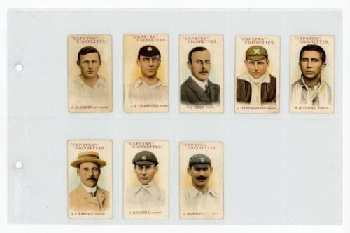 W.D. & H.O. Wills (Australian Issue). Capstan Cigarettes 'Prominent Australian and English Cricketers' 1907/08 second/ reissue. Full set of eight cards numbered 66-73, players' name captions printed in red/ brown. Slight rounding to corners of Jones, Craw