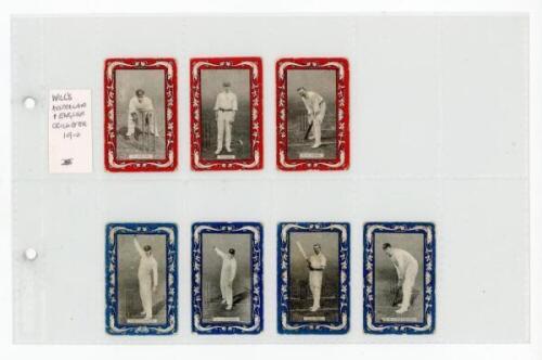 W.D. & H.O. Wills (Australian Issue). 'Australian and English Cricketers' 1909. Seven unnumbered cards from the set of twenty five. Three cards with red borders branded 'Capstan' of Carter, Rhodes and Jones. Four cards with blue borders branded 'Vice-Rega