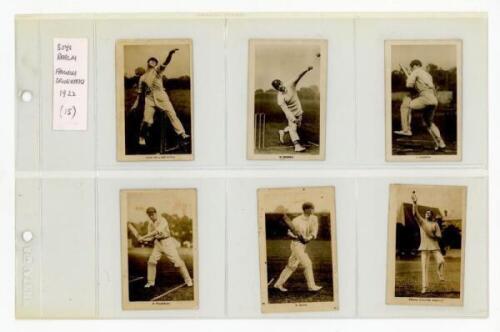 Boy's Realm 'Famous Cricketers' 1922. Full set of 15 numbered cards. Sold with R. & J. Hill 'Famous Cricketers' 1923, full set of forty numbered cards. Good condition - cricket
