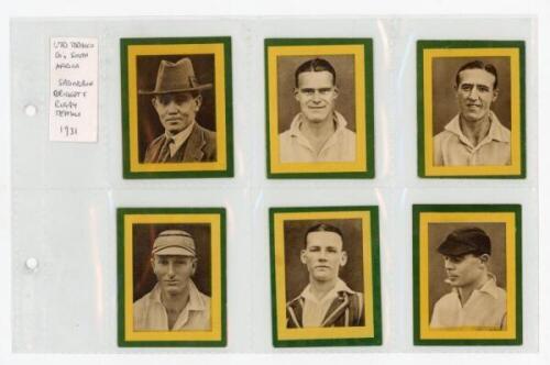 Cigarette cards 1929-1931. Three full sets of cards. United Tobacco (South Africa), 'Springbok Rugby and Cricket Teams' 1931. Full set of forty seven large format numbered cards. Age toning to some backs, odd card with slight rounding to corners, otherwis