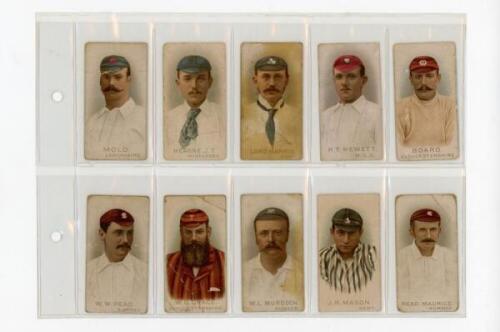 Cricket cigarette cards 1896 onwards. A selection of part sets and odd individual cards, the majority issued by W.D. & H.O. Wills. Cards/ series are 'Cricketers' 1896', twelve unnumbered cards of Mold, J.T. Hearne, Lord Harris, Hewett, Board, Read, Grace,