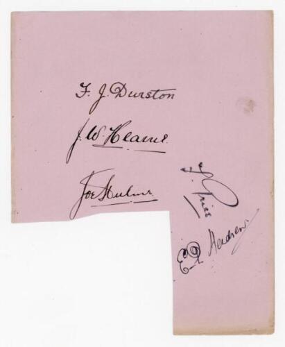 Middlesex C.C.C. c. 1930. Album page nicely signed in black in by five Middlesex players. Signatures are Durston, J.W. Hearne, Hulme, Price and Hendren. Piece clipped from the page not affecting the signatures. Sold with four album pages and one piece, ea