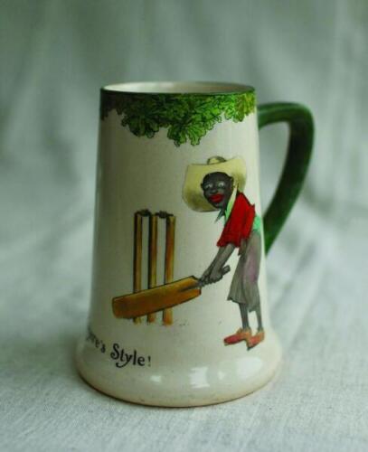 'There's Style'. A Royal Doulton Black Boy mug or tankard, entitled 'There's Style' printed, to one side, with a boy cricketers in a white/blue shirt, red waistcoat, grey trousers and a floppy hat taking guard in front of the stumps with bat almost horizo