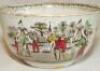 Village cricket bowl. Staffordshire 19th century bowl, transfer printed in sepia with three scenes of village cricket, with church and tents to background, to sides, floral and oak leaf inner rim decoration. Hand coloured in green, burgundy and yellow. Ap - 4