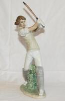 Lladro, Spain. 'Cricket Player'. Elegant porcelain figure of a cricketer playing a flowing drive, designed by the sculptor, Regino Torrijos. Maker's mark and inventory stamp no. 6865 to base, dated 2001, withdrawn from circulation in 2005. 17" tall. In or