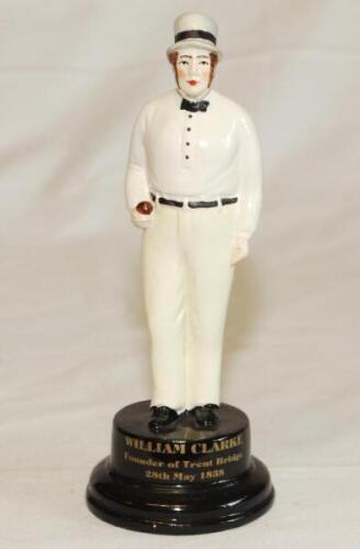 William Clarke. China figure of Clarke in cricket attire. To base 'William Clarke. Founder of Trent Bridge 28th May 1838'. 6.5" tall. G - cricket