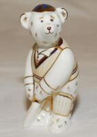 'Cricketer' bear. Royal Crown Derby ceramic figure of a teddy bear in batting pose. 2004. 3.5" tall. With original presentation box. VG - cricket