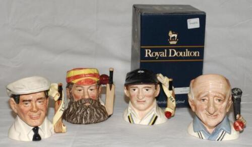 W.G. Grace. Royal Doulton ceramic caricature cricket toby jug of W.G. Grace, and three others of Len Hutton, Dickie Bird and Brian Johnston. Each limited edition and standing approx. 4" tall. The Hutton jug with original box. Qty 4. VG - cricket