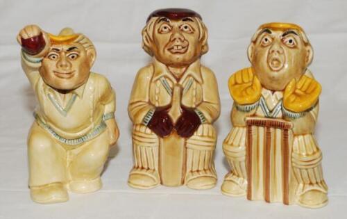 'The Bowler, the Batsman and the Wicketkeeper'. Set of three H.J. Wood ceramic toby jugs of cricketers c.1960s/1970s. 7" tall. VG - cricket