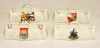 Crested cricket bags. Four large crested china cricket bags with colour emblems for 'Bridgewater'. Florentine China, 'Criccieth'. Victoria China, 'Chester'. Florentine China and 'City of Bangor' (Unknown). All approximately 4.5" long. Minor wear otherwise