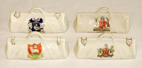 Crested cricket bags. Four large crested china cricket bags with colour emblems for 'Gloucester'. (unknown), 'Redruth' English Manufacture, 'Haylebury'. Coronet Ware and 'Nottingham' (Unknown). All approximately 4.5" long. Minor wear otherwise in good con