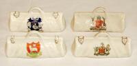 Crested cricket bags. Four large crested china cricket bags with colour emblems for 'Gloucester'. (unknown), 'Redruth' English Manufacture, 'Haylebury'. Coronet Ware and 'Nottingham' (Unknown). All approximately 4.5" long. Minor wear otherwise in good con