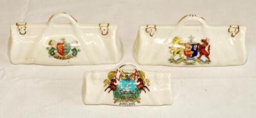 Crested cricket bags. Two large and one small crested china cricket bags with colour emblems for 'Chester'. British Manufacture, 'Ipswich'. Florentine China and 'Burgh Arms, Pittenweem' (Fife) Arcadian China. The first two measure 4.25" long and the third