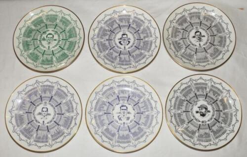 Century of Centuries. A collection of six limited edition plates produced by Royal Grafton, each commemorating a player achieving a century of first-class centuries. Plates are Frank Woolley, Vivian Richards, Herbert Sutcliffe, Len Hutton, Graham Gooch an