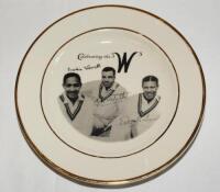 'Celebrating the 3 W's'. Dinner plate with transfer image of Frank Worrell, Cylde Walcott and Everton Weekes with facsimile signatures and title. Gold lustre to rim. Registration mark to underside, '287[?]'. Maker unknown. Not previously seen by the aucti