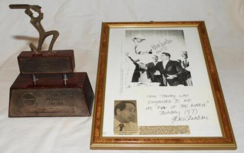 Derek Randall. Nottinghamshire & England. Four items awarded/ presented to Derek Randall during his playing career. A trophy presented by Indianoil to Randall as Man of the Match in the M.C.C. tour match v Bombay at Indore, 5th- 7th February 1977, includi