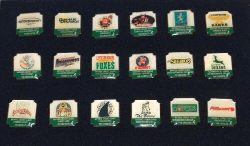 County pin badges. Full set of eighteen National Cricket League (One day) badges for each county issued by the Cricketer. In presentation case. VG - cricket