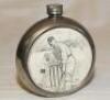 Cricket hip flask. Circular pewter hip flask with cricket scene to centre of batsman and wicketkeeper. Maker's mark for I. & B.W. G., Sheffield, to base. G - cricket