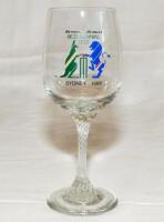 Benson and Hedges Bicentennial Test. Sydney 1988. Commemorative wine glass with twisted stem produced for the Bicentennial Test with transfer printed title and emblem to side. VG - cricket