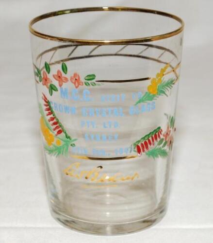 Alec Bedser. Surrey & England. Glass tumbler by Crown Crystal Glass Pty. Ltd., Sydney, presented to Bedser to commemorate the visit of the M.C.C. touring party in 1946/47. Transfer printed colour title and floral display to side. Gilt lustre to rim. 4" ta