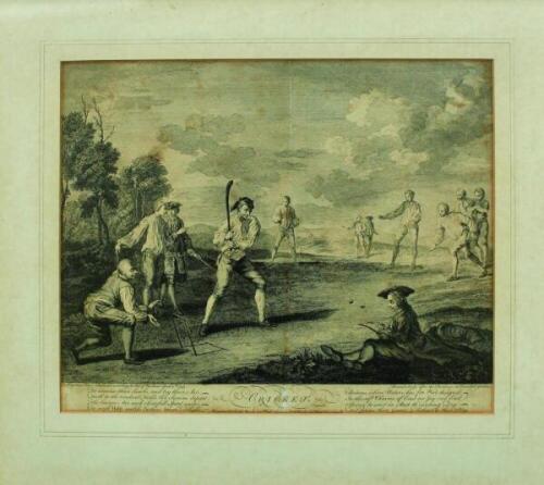 'Cricket [Playing at Cricket]'. Original engraving after the original painting in Vauxhall Gardens, engraving by C. Benoist, London. Printed for Thos. Bowles and Jn. Bowles and Son 4th April 1743. Title to lower border with two stanzas of verse to either 