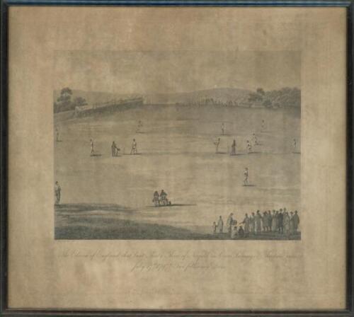 'The Eleven of England that beat Thirty Three of Norfolk in one innings & thirteen runs. July 17th 1797 & two following days'. Original engraving showing the match in progress. G. Shepheard and J. Dadley '. The engraving framed and glazed. Overall measure