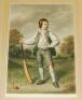 'Louis Busiere. Portrait of Lewis Cage standing in a landscape, holding cricket bat and standing next to stumps and ball'. Coloured mezzotint published by Henry Graves, London, 1929 and signed 'L. Busiere' to lower right border. 'Print Sellers Association