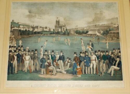'A Cricket Match between Sussex and Kent' C1850/60's [?]. Hand coloured lithograph of the famous cricket scene set in Ireland's Royal Brighton Gardens. This composite picture features many of the great players and statesman of the day, although they never