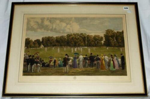'Eton v Winchester'. Large hand colour etching, by F.G. Stevenson after H. Jamyn Brook, showing a cricket match in progress with spectators to fore and background. Published by Dickinson & Foster, London, 2nd December 1889. Signed by the two artists to lo