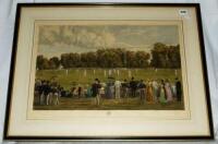 'Eton v Winchester'. Large hand colour etching, by F.G. Stevenson after H. Jamyn Brook, showing a cricket match in progress with spectators to fore and background. Published by Dickinson & Foster, London, 2nd December 1889. Signed by the two artists to lo