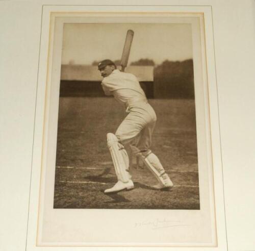 Frank Stanley Jackson. Yorkshire & England 1890-1907. Excellent photogravure of Jackson, former England Captain who played twenty Tests from 1893 to 1905, 'stepping out to drive', taken from the original action photograph by George William Beldam. Signed