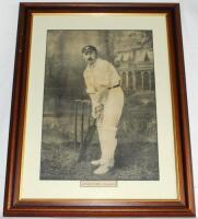 George Herbert Hirst. Yorkshire & England 1891-1929. Large and impressive mono studio photographic image of Hirst, full length, in batting pose wearing Yorkshire cap. Printed by H. Lindley & Co, Nottingham. The print measures approx. 17"x21.5". Mounted, f