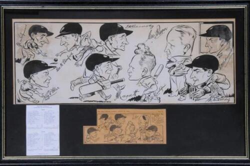 'The Victory Tests 1945'. Large original pen and ink drawing/artwork, by the artist Cyril Price of the Daily Sketch, showing caricatures of nine of the Australian players who took part in the Victory Tests against England played in 1945. Each has his sign