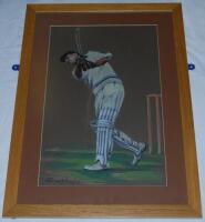 Len Hutton, Yorkshire & England. Original large pastel study by artist Ken Taylor, Huddersfield Town, Yorkshire C.C.C & England, of Hutton depicted full length in batting action, wearing Yorkshire cap and sweater, playing an attacking cover drive. Signed 