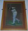 Len Hutton, Yorkshire & England. Original large pastel study by artist Ken Taylor, Huddersfield Town, Yorkshire C.C.C & England, of Hutton depicted full length in batting action, wearing Yorkshire cap and sweater, playing an attacking cover drive. Signed 