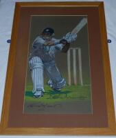 Darren Lehmann, South Australia, Victoria, Yorkshire & England. Original large pastel study by artist Ken Taylor, Huddersfield Town, Yorkshire C.C.C & England, of Lehmann depicted full length in batting action, wearing Yorkshire cap and sweater, playing a