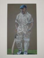 Maurice Leyland, Yorkshire & England. Original large pastel study by artist Ken Taylor, Huddersfield Town, Yorkshire C.C.C & England, of Leyland depicted full length standing at the crease, one hand resting on his bat, wearing a Yorkshire cap. Signed by T
