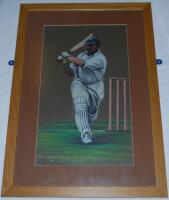 Maurice Leyland, Yorkshire & England. Original large pastel study by artist Ken Taylor, Huddersfield Town, Yorkshire C.C.C & England, of Leyland depicted full length in batting action wearing a Yorkshire cap, playing an attacking shot to leg. Signed by Ta