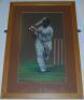 Maurice Leyland, Yorkshire & England. Original large pastel study by artist Ken Taylor, Huddersfield Town, Yorkshire C.C.C & England, of Leyland depicted full length in batting action wearing a Yorkshire cap, playing an attacking shot to leg. Signed by Ta