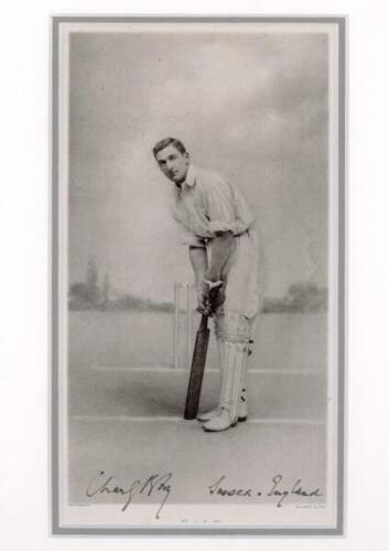 Charles Burgess Fry, Sussex & England 1892-1921. Original photographic/ engraving image of Fry in batting pose, with title to lower border. Nicely signed 'Charles B. Fry, Sussex & England' to lower border. The image by Elliott & Fry measures 5"x8.75". Mou