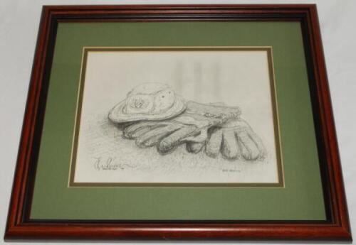 Jack Russell. 'Old Friends'. Original pencil sketch by Russell of his iconic cricket sunhat and wicketkeeping gloves. Signed by Russell and dated 1999. Handwritten dedication in pencil to rear board, 'To Mike, 60 not out! Congratulations', signed by Russe