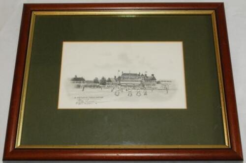 Jack Russell. 'A Sketch of Trent Bridge'. Original pencil sketch by Russell of a match in progress with the pavilion in the background. Signed by Russell and dated 1991. Sold with an accompanying letter from Russell to 'Dear Bruce [French]' enclosing the 